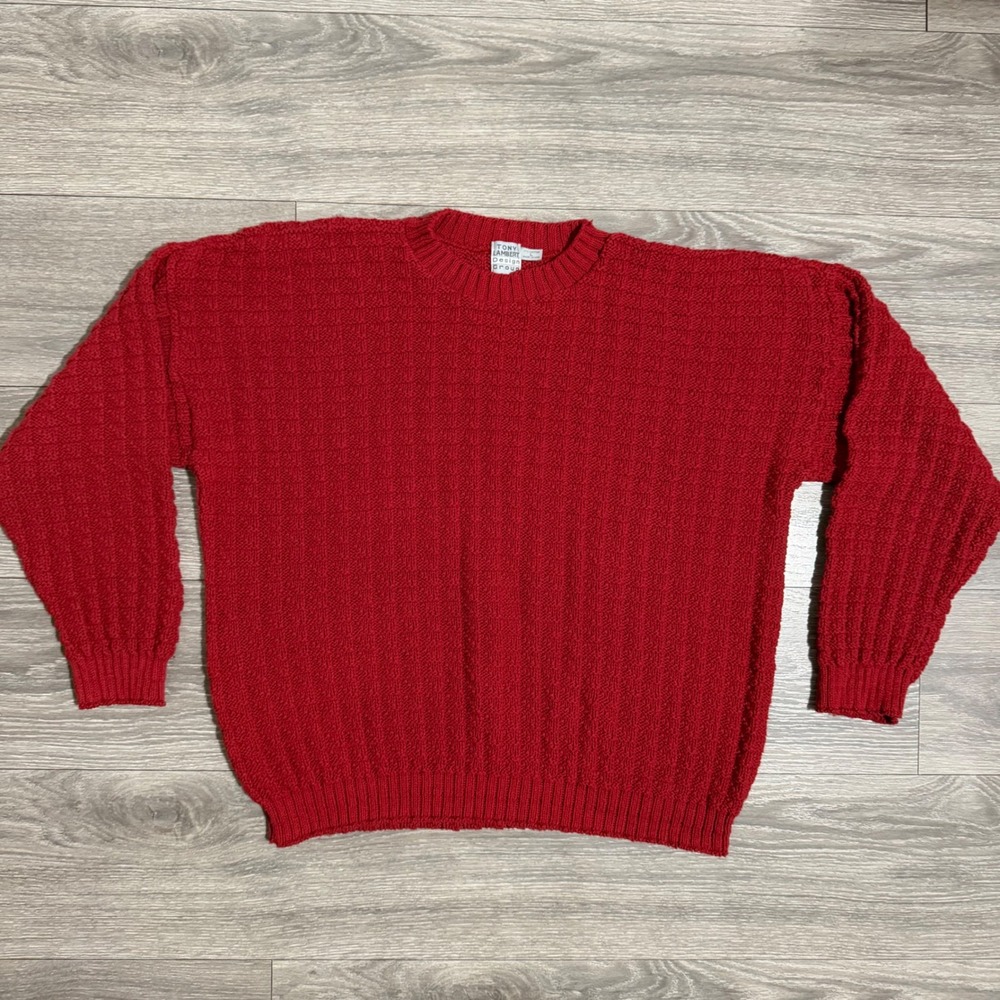 Tony Lambert Mens Red Weater 100% Cotton Large Waffle Knit Made in USA Christmas